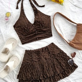 Resim Kadınlar İçin İki Parçalı Set: Dokulu Slim Fit V Yaka Camisole Üst ve Pilili Fırfır Mini Etek, Yazlık Tatil Kıyafeti 