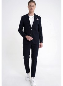 Resim Comfort Fit Çift Yırtmaç Torba Cep Metal Düğmeli Lacivert Blazer Ceket C 734 