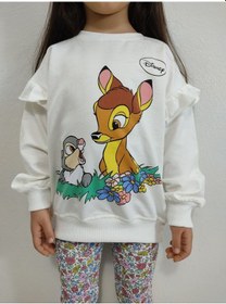Resim Lolliboomkids Yeni Sezon Sevimli Geyik Tavşan Desenli Çiçekli Fitilli Tayt Ve Sweatshirt Alt Üst Takım Ekru 