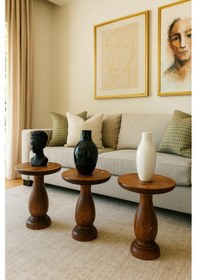 Resim Fındık Renk Ahşap Mantar Sehpa Seti 3 Lü Doğal Fiskos Ve Zigon Sehpa Kahverengi 