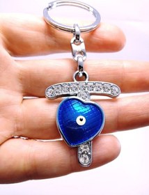 Resim Kalp Nazar Boncuğu Metal Kristal Taşlı T Harfi Anahtarlık Hediyel 