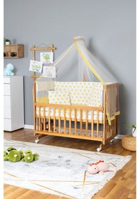 Resim Ahşap Beşik Anne Yanı Beşik Vernikli 60x120 - Sarı Yıldız 1 Yastıklı Uyku Seti + Yataklı+tekerlekli Ahşap 