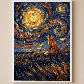 Resim Lone Fox Starry Night Print - Van Gogh-Style Wildlife Hillside Wall Art - Wooden Frame - White / 24 x 36" (60x90 cm) 