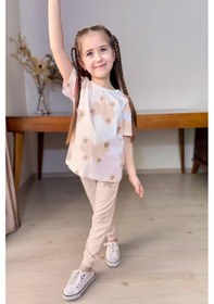 Resim Riccotarz Kız Çocuk Simli Kelebek Baskı Bisiklet Yaka T-shirt Bej Eşofman Takım Beyaz 