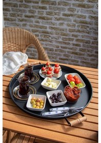 Resim 2'li Ahşap Kulplu 45 Cm Siyah Metal Tepsi Ve 30 Cm Siyah Tepsi Çay Kahve Sunum Tepsisi Siyah 