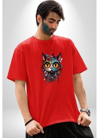Resim Meksikalı Alebrije Kedi Fütüristik Kedi Pamuklu Bisiklet Yaka Unisex Oversize Boyfriend Dijital Baskılı Kırmızı T-shirt Kırmızı 