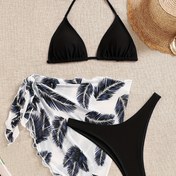 Resim Kadınlar için Üç Parçalı Bikini Mayo, Üçgen Askılı ve Yaprak Desenli Sarma Etekli 