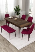 Resim Canisa Eta Serisi 80x132 Mdf Barok Ahşap Desenli Masa 4 Mürdüm Sandalye 1 Bench Mutfak Masası Takımı 