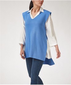 Resim AQE FASHION Kadın V Yaka Kolsuz Bağlama Panço Bebe Mavi 
