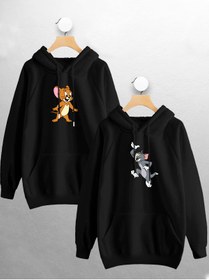 Resim Kadın Erkek Unisex Tom Ve Jerry Sevgili Çift Kombini Tasarım Kapüşonlu Sweatshirt 2'li Set Takım 