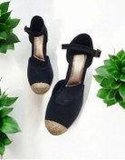 Resim Kadın 7cm Topuk Keten Tokalı Burnu Hasır Espadril Siyah 