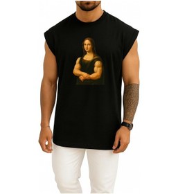 Resim Bahriyeli Collection Oversize Mona Lisa Tablosu Kaslı Fitness Göğüs Baskılı Atlet Siyah 