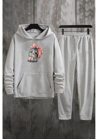 Resim Unisex Sevimli Kedi Eşofman Takımı Gri 