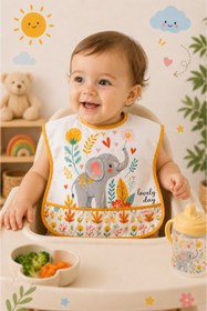 Resim Bebechi Minik Fil Desenli Cepli Kısa Kollu Su Geçirmez Bebek Mama Önlüğü 