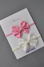 Resim El Yapımı 2'li Pembe-krem Kız Bebek-çocuk Iz Yapmaz Kurdele Kruvaze Fiyonk Model Saç Bandı/bandanası 