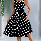 Resim Şık Kadın Klasik Siyah ve Beyaz Polka Dot A-Line Kolsuz Örgü Elbise - Kare Yaka, Tatil ve Günlük Giyim için Mükemmel, Bahar/Yaz Modası, Rahat Kıyafet|Klasik Polka Dot Elbise|Örgü Yapısı, Büyük Beden Elbise 