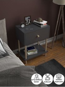 Resim Düşer Kapaklı Raflı Modern Komodin Yatak Odası Başucu Düzenleyici Ahşap Ayaklı Yan Sehpa - Antrasit Antrasit 