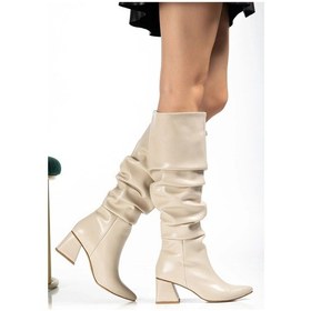 Resim İdimilla Syt-2002 Bej Kırışık Rugan Körüklü Kalın Topuklu Günlük Bayan Çizme Çok Renkli 