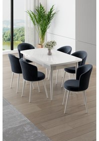 Resim Canisa Asfel Serisi Mdf 77x130 Beyaz Yandan Açılabilir Mutfak Masası Takımı 6 Antrasit Sandalye Beyaz Masa Antrasit Sandalye 