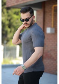Resim Erkek Bisiklet Yaka Örgü Desenli Kısa Örme Triko Kısa Kollu T-shirt Füme 