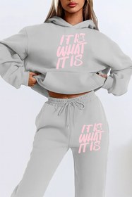 Resim classy moda Kadın 3 İplik Kapüşonlu Kanguru Cepli Eşofman Takımı IT IS WHAT IT IS Yazı Baskılı 