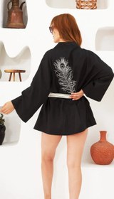 Resim Siyah İşlemeli Keten Kısa Kadın Kimono - Siyah / Tek beden 