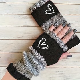 Resim Sonbahar ve Kış Kalp Nakışlı Renk Blok Retro Sıcak Moda Parmaksız Eldivenler 