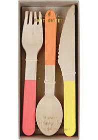 Resim Meri Meri - Neon Wooden Cutlery Set - Neon Tahta Çatal-kaşık-bıçak Set 