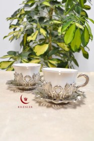 Resim 2 Li Gümüş Desenli Zemzem Takımı Ve Kahve Fincanı Seti Metal Tabağı Ve Fincan Altlığıyla Şık Sunum Beyaz 