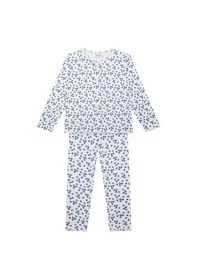 Resim Antebies Organik Beyaz Yabanmersini Desenli Jakarlı Beli Lastikli Uzun Kollu Kız Çocuk Pijama Takımı Mavi 