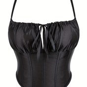 Resim Kadın Siyah Saten Boned Korse Üstü, Ayarlanabilir Spagetti Askılı Bandeau ile Ruched Göğüs Detayı, %90 Polyester %10 Elastan, Dokuma Kumaş, 210g/m² - Bahar/Yaz/Sonbahar için Mükemmel 