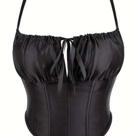 Resim Kadın Siyah Saten Boned Korse Üstü, Ayarlanabilir Spagetti Askılı Bandeau ile Ruched Göğüs Detayı, %90 Polyester %10 Elastan, Dokuma Kumaş, 210g/m² - Bahar/Yaz/Sonbahar için Mükemmel 
