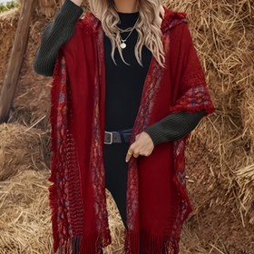 Resim Kadınlar İçin Şık Bohem Kapüşonlu Pelerin - Tassel Detaylı, Yumuşak Esnek Kolsuz Shawl, Sonbahar/Kış Modası Aksesuarı, Rahat ve Şık Kışlık Pelerin, Soğuk Hava Giyimi, Çiçek Desenli, Kaliteli Dikiş, Boho Tutkunları İçin 