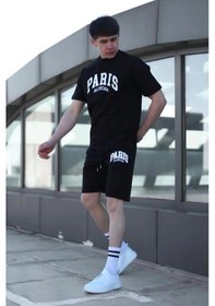 Resim Tarzsokak Erkek Alt-üst Tshirt-şort Kombini Paris Baskılı Pamuklu Oversize Takım Siyah 