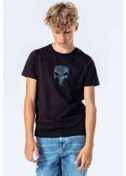 Resim Cool 3D Skull Baskılı Unisex Çocuk Siyah T-Shirt 