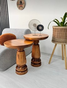 Resim AYLESA Doğal Ahşap 2’li Set Mantar Yan Sehpa Modern Açık Ceviz Fiskos Zigon Çiçeklik 