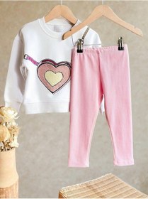 Resim Lolliboomkids Yeni Sezon Süzene Kalp Nakış İşlemeli Esnek Lastik Belli Çantalı Görünümlü 3 İplik Sweatshirt Tayt Alt Üst Takım Pembe Beyaz Pembe - Beyaz 