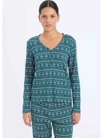 Resim DeFacto Fall in Love Pijama Takımı Waffle Kumaş Uzun Kollu Üst Esnek Belli Uzun Alt D2284AX24WNGN1040 Yeşil 