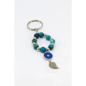 Resim Mavi Doğaltaşlı Cam Metal Nazar Boncuklu Anahtarlık, El Yapımı Hediyelik Çanta Süsü 