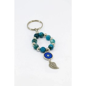 Resim Mavi Doğaltaşlı Cam Metal Nazar Boncuklu Anahtarlık, El Yapımı Hediyelik Çanta Süsü 