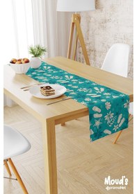 Resim Mavi Palmiyeler Desenli Baskılı Süet Runner Masa Örtüsü 