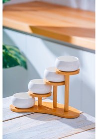 Resim Acar Yam-07545/12 Pamira Bambu Standlı 4'lü Porselen Kase Seti - 8.5 Cm Beyaz 