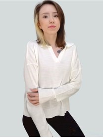 Resim boutique venüs V Polo Yaka Triko Kazak Ekru Renk Standart Beden 