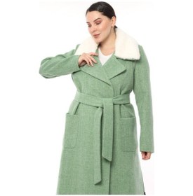 Resim Lady Sharm Natural Kaşmir Astarlı Boynu Vizon Kaban Mint Yeşili 