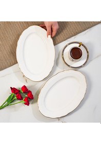 Resim Porsima 4448 Tiffany Porselen Altın Fileli Kayık Tabak Seti - Oval Kahvaltılık Sunumluk Seti 25cm Beyaz 
