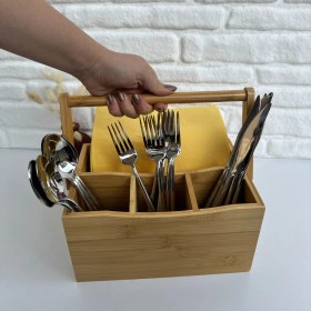 Resim 4 Gözlü Çatal Kaşıklık Bıçaklık Peçetelik Kulplu Sepet Çok Amaçlı Bambu Düzenleyici 23*16*12 cm 