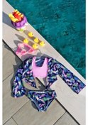 Resim Kız Çocuk Yaprak Desenli Pareolu Bikini Takımı 3'lü Set-lacivert-pembe Lacivert - Pembe 