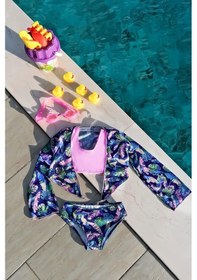 Resim Kız Çocuk Yaprak Desenli Pareolu Bikini Takımı 3'lü Set-lacivert-pembe Lacivert - Pembe 