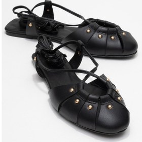 Resim Luvi Shoes Darıa Siyah Hakiki Deri Troklu Bilekten Bağcıklı Kadın Sandalet Siyah 