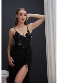 Resim Serabella Siyah İp Askı İşlemeli Otrişli Sırtı Biritli Yırtmaçlı Abiye Elbise 20 4327033 Siyah 